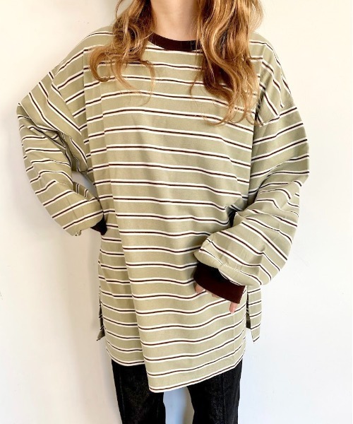 nemne store(ネンネストア)の「ミルフィーユを作るマルチボーダーロンT(Tシャツ/カットソー・レディース・カーキ/グリーン/グレー系/ブラウン系・フリー)」の7枚目の写真