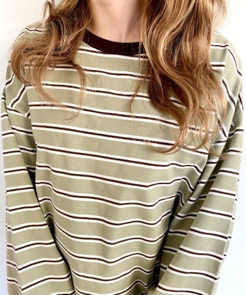 nemne store(ネンネストア)の「ミルフィーユを作るマルチボーダーロンT(Tシャツ/カットソー・レディース・カーキ/グリーン/グレー系/ブラウン系・フリー)」の8枚目の写真