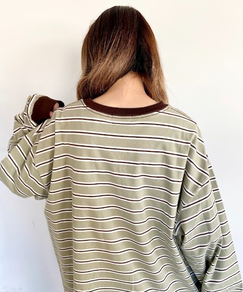 nemne store(ネンネストア)の「ミルフィーユを作るマルチボーダーロンT(Tシャツ/カットソー・レディース・カーキ/グリーン/グレー系/ブラウン系・フリー)」の10枚目の写真