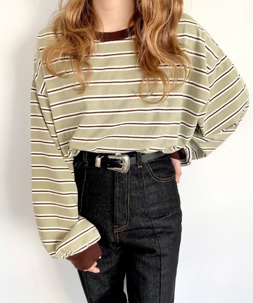 nemne store(ネンネストア)の「ミルフィーユを作るマルチボーダーロンT(Tシャツ/カットソー・レディース・カーキ/グリーン/グレー系/ブラウン系・フリー)」の11枚目の写真