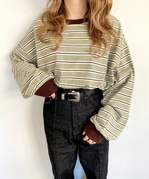 nemne store(ネンネストア)の「ミルフィーユを作るマルチボーダーロンT(Tシャツ/カットソー・レディース・カーキ/グリーン/グレー系/ブラウン系・フリー)」の14枚目の写真