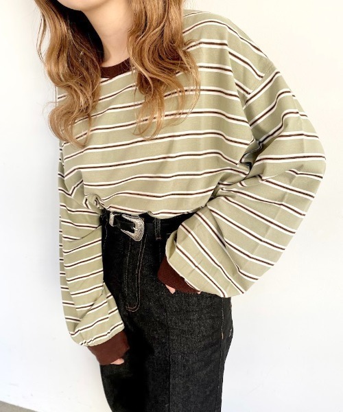 nemne store(ネンネストア)の「ミルフィーユを作るマルチボーダーロンT(Tシャツ/カットソー・レディース・カーキ/グリーン/グレー系/ブラウン系・フリー)」の16枚目の写真