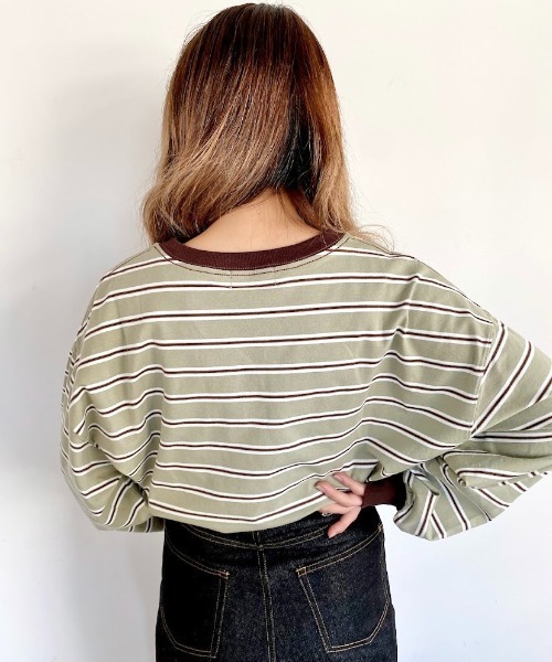 nemne store(ネンネストア)の「ミルフィーユを作るマルチボーダーロンT(Tシャツ/カットソー・レディース・カーキ/グリーン/グレー系/ブラウン系・フリー)」の17枚目の写真