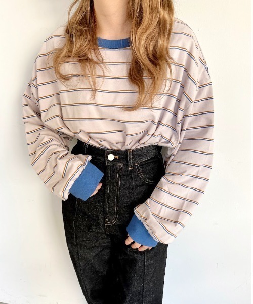 nemne store(ネンネストア)の「ミルフィーユを作るマルチボーダーロンT(Tシャツ/カットソー・レディース・カーキ/グリーン/グレー系/ブラウン系・フリー)」の18枚目の写真