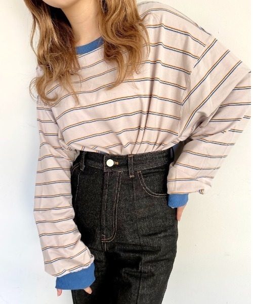 nemne store(ネンネストア)の「ミルフィーユを作るマルチボーダーロンT(Tシャツ/カットソー・レディース・カーキ/グリーン/グレー系/ブラウン系・フリー)」の19枚目の写真