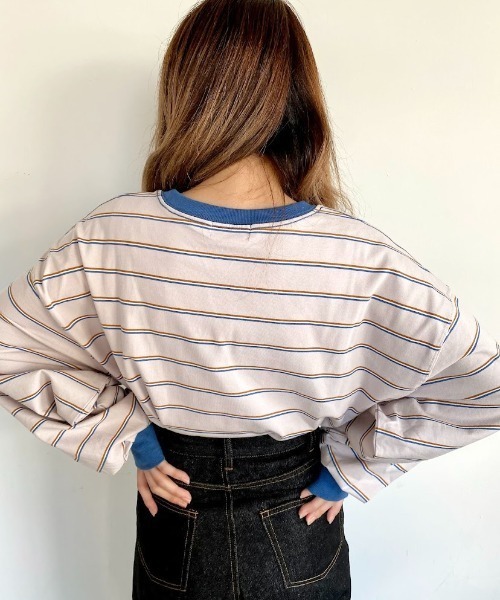 nemne store(ネンネストア)の「ミルフィーユを作るマルチボーダーロンT(Tシャツ/カットソー・レディース・カーキ/グリーン/グレー系/ブラウン系・フリー)」の20枚目の写真