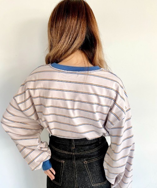 nemne store(ネンネストア)の「ミルフィーユを作るマルチボーダーロンT(Tシャツ/カットソー・レディース・カーキ/グリーン/グレー系/ブラウン系・フリー)」の21枚目の写真