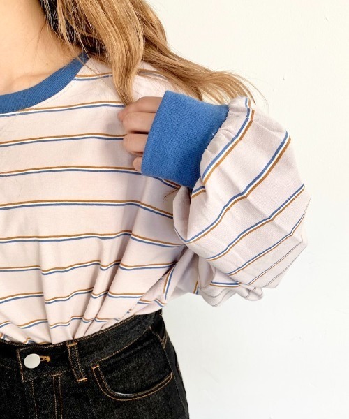 nemne store(ネンネストア)の「ミルフィーユを作るマルチボーダーロンT(Tシャツ/カットソー・レディース・カーキ/グリーン/グレー系/ブラウン系・フリー)」の22枚目の写真