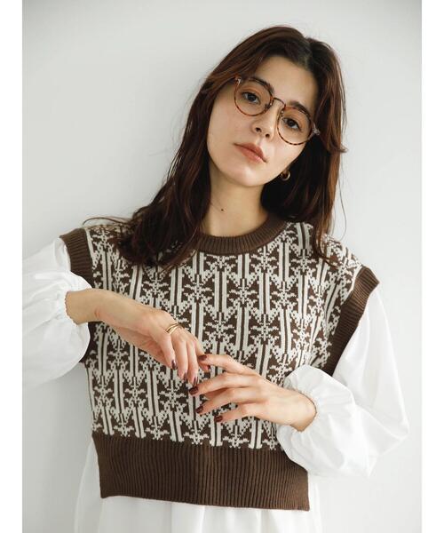 koe（コエ）の「ジャガードニットベストドッキングブラウス＊（ニット/セーター・レディース・ブラウン/ブラック・FREE）」の5枚目の写真