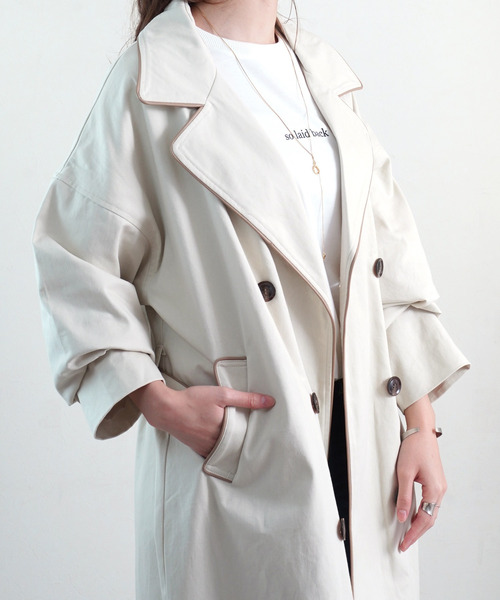 Fizz（フィズ）の「【Fizz/フィズ】　配色パイピングツイルロングトレンチコート（トレンチコート・レディース・ベージュ/オフホワイト/イエロー/ライトベージュ・FREE）」の19枚目の写真