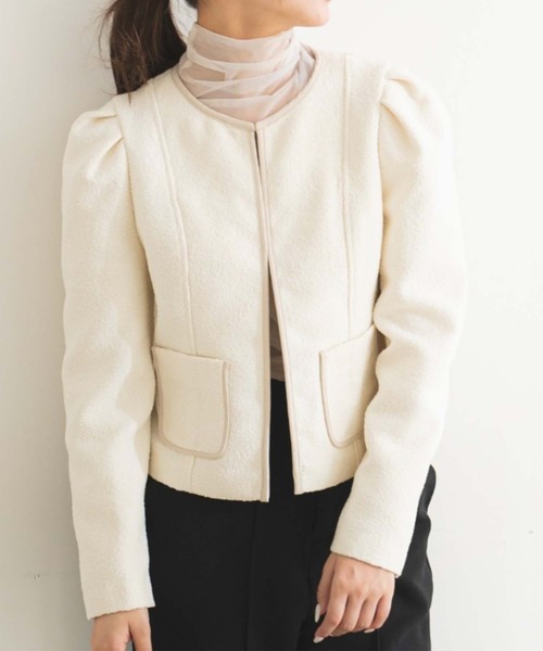 FREE'S MART(フリーズマート)の「◆ショルダーボリュームノーカラージャケット(ノーカラージャケット・レディース・ホワイト/グリーン・FREE)」の2枚目の写真