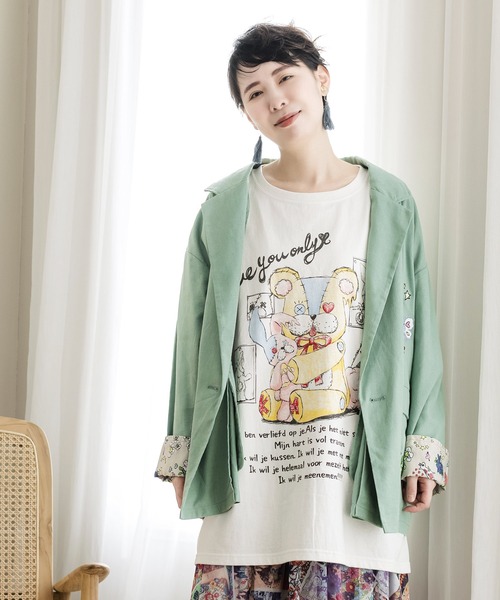 ScoLar(スカラー)の「121647:不思議な世界の生き物刺繍レーヨン麻ジャケット(テーラードジャケット・レディース・オレンジ/グリーン/ベージュ・M)」の2枚目の写真
