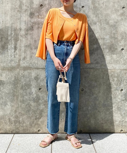 natural couture（ナチュラルクチュール）の「WEB限定/旬のカラーリングが魅力 細リブショート丈カーディガン+デザインタンクセット（カーディガン/ボレロ・レディース・オフホワイト/グレー/ピンク/オレンジ・FREE）」の7枚目の写真