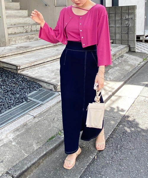 natural couture（ナチュラルクチュール）の「WEB限定/旬のカラーリングが魅力 細リブショート丈カーディガン+デザインタンクセット（カーディガン/ボレロ・レディース・オフホワイト/グレー/ピンク/オレンジ・FREE）」の21枚目の写真