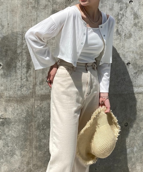 natural couture（ナチュラルクチュール）の「WEB限定/旬のカラーリングが魅力 細リブショート丈カーディガン+デザインタンクセット（カーディガン/ボレロ・レディース・オフホワイト/グレー/ピンク/オレンジ・FREE）」の10枚目の写真