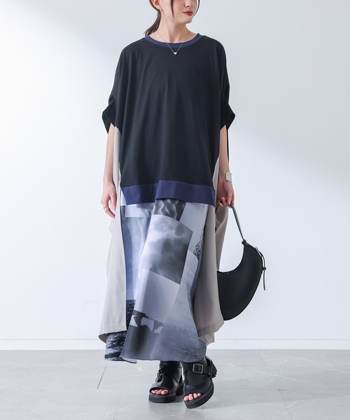 osharewalker(オシャレウォーカー)の「『異素材ドッキング変形デザインカットソー』(Tシャツ/カットソー・レディース・グレイッシュベージュ/ブラック・FREE)」の4枚目の写真