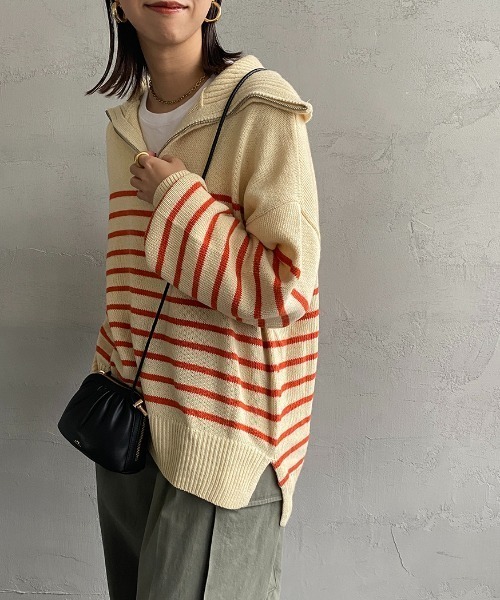 JEANS FACTORY （ジーンズファクトリー）の「[MAISON DE L'ALLURE/メゾンドゥラリュール] パネルボーダー ハーフジッププルオーバーニット（ニット/セーター・レディース・オフホワイト/ブラック/オレンジ・F）」の3枚目の写真