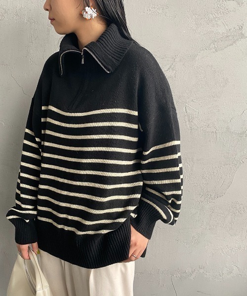 JEANS FACTORY （ジーンズファクトリー）の「[MAISON DE L'ALLURE/メゾンドゥラリュール] パネルボーダー ハーフジッププルオーバーニット（ニット/セーター・レディース・オフホワイト/ブラック/オレンジ・F）」の2枚目の写真