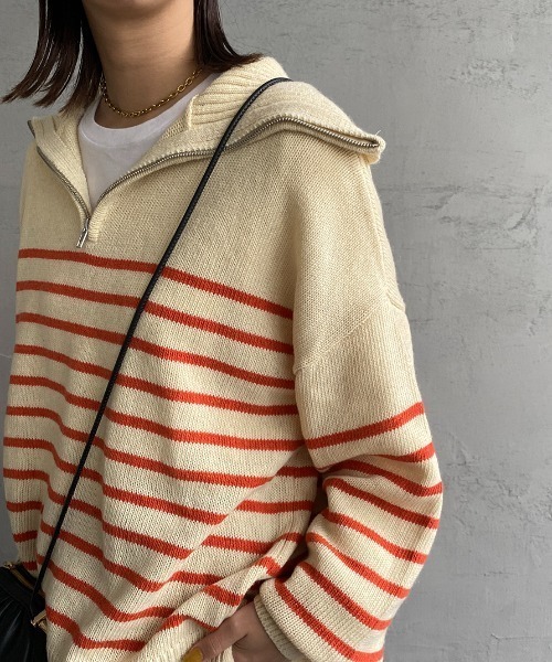 JEANS FACTORY （ジーンズファクトリー）の「[MAISON DE L'ALLURE/メゾンドゥラリュール] パネルボーダー ハーフジッププルオーバーニット（ニット/セーター・レディース・オフホワイト/ブラック/オレンジ・F）」の12枚目の写真