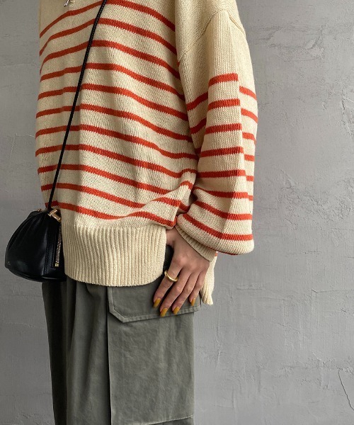 JEANS FACTORY （ジーンズファクトリー）の「[MAISON DE L'ALLURE/メゾンドゥラリュール] パネルボーダー ハーフジッププルオーバーニット（ニット/セーター・レディース・オフホワイト/ブラック/オレンジ・F）」の13枚目の写真