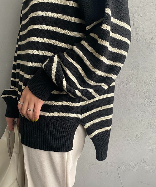 JEANS FACTORY （ジーンズファクトリー）の「[MAISON DE L'ALLURE/メゾンドゥラリュール] パネルボーダー ハーフジッププルオーバーニット（ニット/セーター・レディース・オフホワイト/ブラック/オレンジ・F）」の5枚目の写真