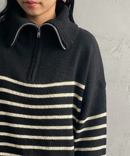 JEANS FACTORY （ジーンズファクトリー）の「[MAISON DE L'ALLURE/メゾンドゥラリュール] パネルボーダー ハーフジッププルオーバーニット（ニット/セーター・レディース・オフホワイト/ブラック/オレンジ・F）」の4枚目の写真