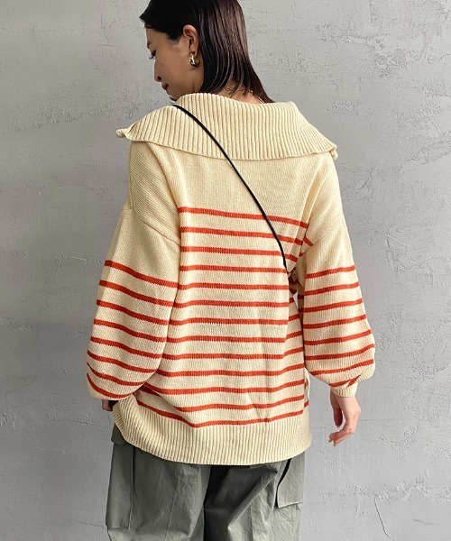 JEANS FACTORY （ジーンズファクトリー）の「[MAISON DE L'ALLURE/メゾンドゥラリュール] パネルボーダー ハーフジッププルオーバーニット（ニット/セーター・レディース・オフホワイト/ブラック/オレンジ・F）」の8枚目の写真