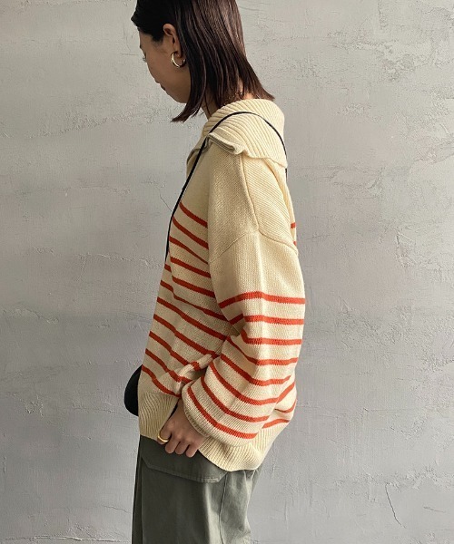 JEANS FACTORY （ジーンズファクトリー）の「[MAISON DE L'ALLURE/メゾンドゥラリュール] パネルボーダー ハーフジッププルオーバーニット（ニット/セーター・レディース・オフホワイト/ブラック/オレンジ・F）」の7枚目の写真