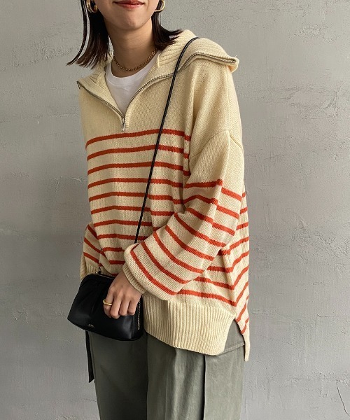 JEANS FACTORY （ジーンズファクトリー）の「[MAISON DE L'ALLURE/メゾンドゥラリュール] パネルボーダー ハーフジッププルオーバーニット（ニット/セーター・レディース・オフホワイト/ブラック/オレンジ・F）」の6枚目の写真