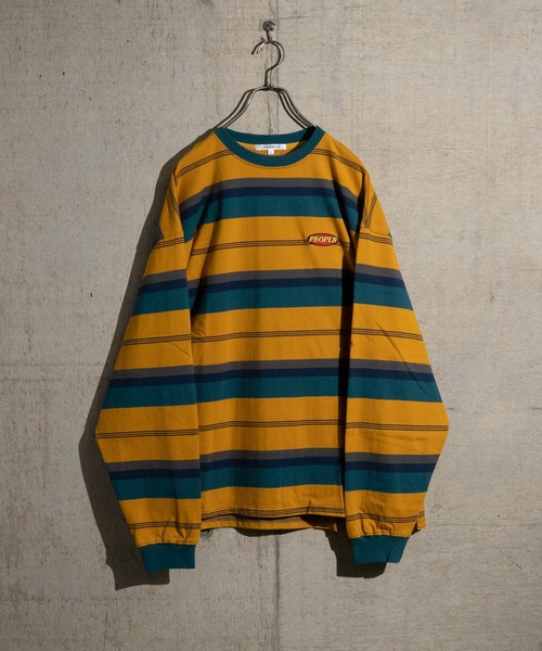 JOHN'S CLOSET(ジョンズクローゼット)の「【13】ワッペン刺繍 マルチボーダー ビッグシルエットロンT(Tシャツ/カットソー・メンズ・ブルーグレー/ブラック/オレンジ/グリーン/オフホワイト/ホワイト系その他・LARGE/MEDIUM)」の2枚目の写真