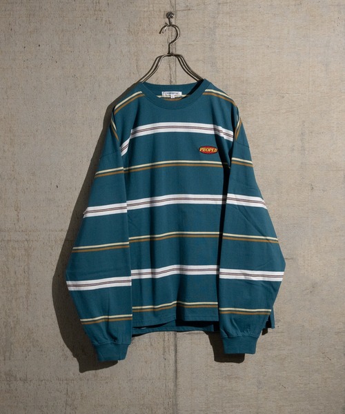 JOHN'S CLOSET(ジョンズクローゼット)の「【13】ワッペン刺繍 マルチボーダー ビッグシルエットロンT(Tシャツ/カットソー・メンズ・ブルーグレー/ブラック/オレンジ/グリーン/オフホワイト/ホワイト系その他・LARGE/MEDIUM)」の1枚目の写真