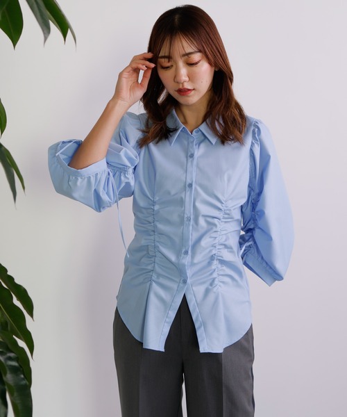 LADYMADE(レディメイド)の「ドロストシャーリングシャツ(シャツ/ブラウス・レディース・オレンジ系その他/ライトブルー/ホワイト・FREE)」の2枚目の写真