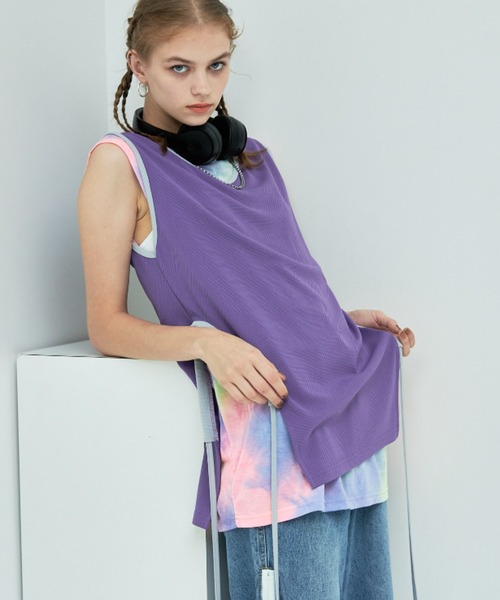 casane(カサネ)の「ドロストヘムメッシュタンク(タンクトップ・レディース・ブラック/パープル・FREE)」の1枚目の写真