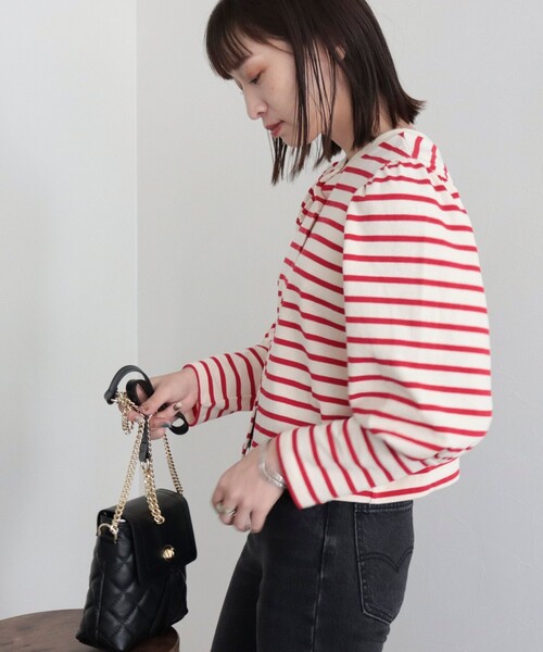 fredy emue（フレディエミュ）の「ボリューム袖 ボーダーカーディガン（カーディガン/ボレロ・レディース・ブルー系その他/ホワイト系その他/レッド系その他・38）」の6枚目の写真