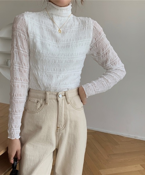 Chaco closet(チャコ クローゼット)の「ジャガードシャーリングハイネックプルオーバー(Tシャツ/カットソー・レディース・アイボリー/ブラック/ホワイト・FREE)」の6枚目の写真