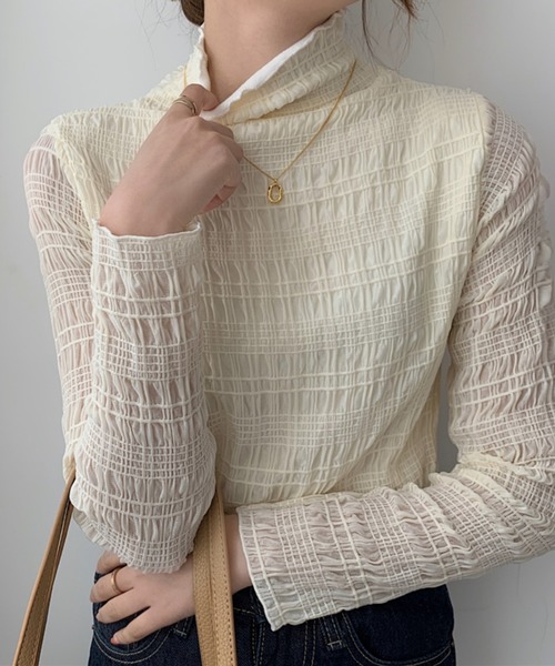 Chaco closet(チャコ クローゼット)の「ジャガードシャーリングハイネックプルオーバー(Tシャツ/カットソー・レディース・アイボリー/ブラック/ホワイト・FREE)」の11枚目の写真