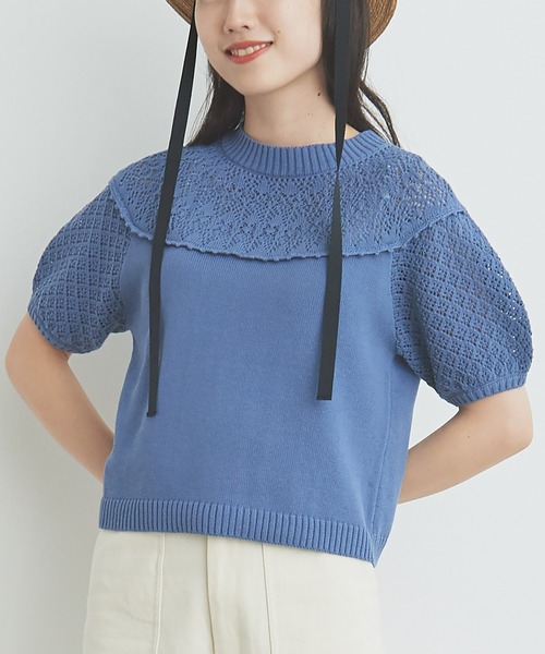 デュフレティエール様 ビュルデサボン白　半袖透かし編みレースニット　パフスリーブ デュフレティエール様 ビュルデサボン白 半袖透かし編みレース