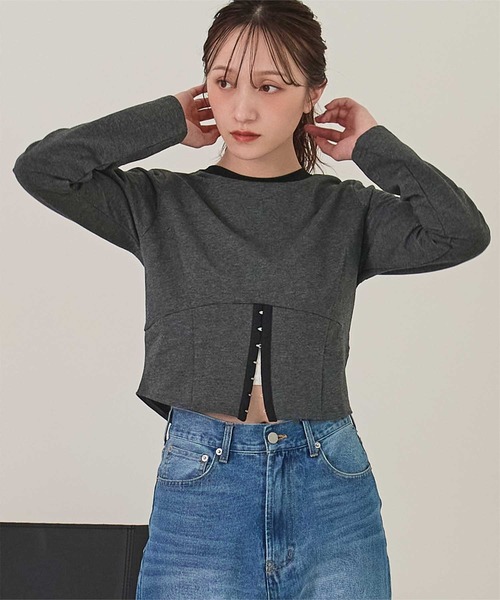miette(ミエット)の「コルセットデザインミニ裏毛トップス(Tシャツ/カットソー・レディース・オフホワイト/ネイビー/チャコール・FREE)」の13枚目の写真