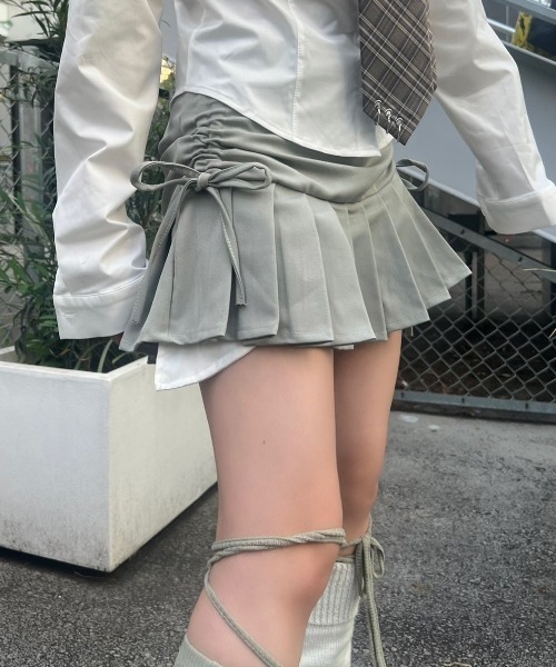 【セール】ストリートファッション XU エックスユー side shirring pleats skirt プリーツスカート サイドリボンスカート ミニスカート ショート丈スカート バレエコア 韓国ファッション 韓国ストリート（スカート）｜XU（エックスユー）