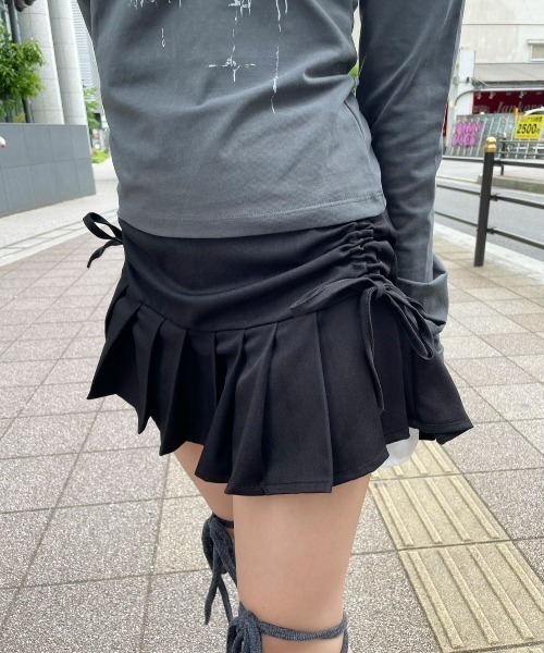 【セール】ストリートファッション XU エックスユー side shirring pleats skirt プリーツスカート サイドリボンスカート ミニスカート ショート丈スカート バレエコア 韓国ファッション 韓国ストリート（スカート）｜XU（エックスユー）