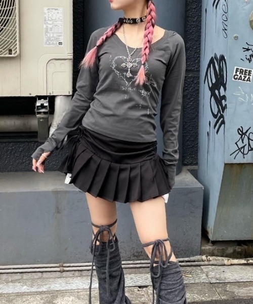 【セール】ストリートファッション XU エックスユー side shirring pleats skirt プリーツスカート サイドリボンスカート ミニスカート ショート丈スカート バレエコア 韓国ファッション 韓国ストリート（スカート）｜XU（エックスユー）