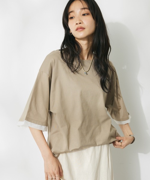 CRAFT STANDARD BOUTIQUE(クラフトスタンダードブティック)の「【UVカット】布帛切り替えプルオーバー(Tシャツ/カットソー・レディース・ベージュ/オフホワイト/ブラック/ネイビー・M/L)」の4枚目の写真