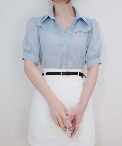 VIVID LADY(ビビッドレディー)の「襟付きシフォンブラウス 半袖 夏(シャツ/ブラウス・レディース・アイボリー/ブラック/スカイブルー/ピンク・FREE)」の12枚目の写真
