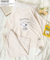 PEANUTS（ピーナッツ）SNOOPYスヌーピー キャラクター刺繍パイルTシャツ＆クロップドパンツ ルームウェア パジャマ レディース/上下セット