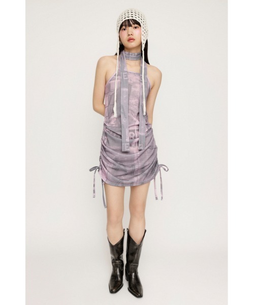 【新品未使用】pelleq shirring dress シャーリングワンピース ペチコート付きシアージャガード×フラワープリントシャーリング