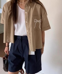 レースリボン刺繍チェックシャツ