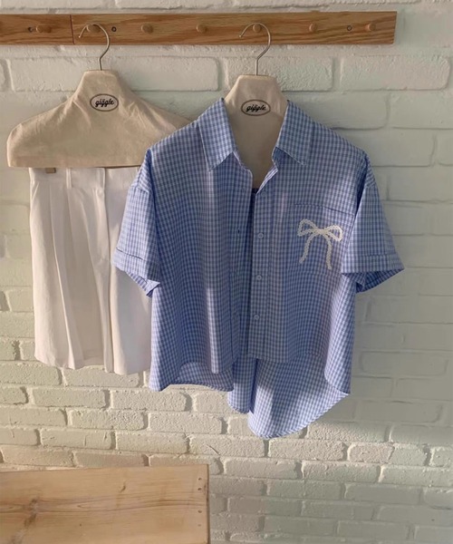 LYEON（リヨン）の「レースリボン刺繍チェックシャツ（シャツ/ブラウス・レディース・ブラック/ベージュ/ブルー・FREE）」の12枚目の写真