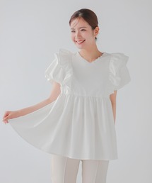 Fit more ホワイトパールフリルトップス スクエアフリルVネックパールトップス【宅配便】 | Fit more