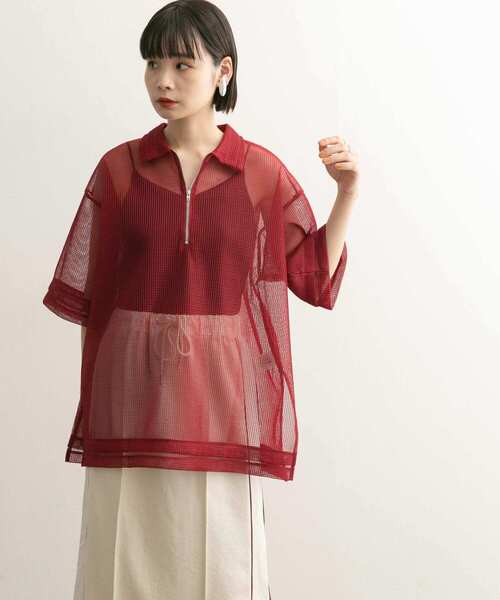 KBF（ケイビーエフ）の「ハーフZIPメッシュプルオーバー（シャツ/ブラウス・レディース・ボルドー/ブラック/アイボリー・ONE）」の6枚目の写真