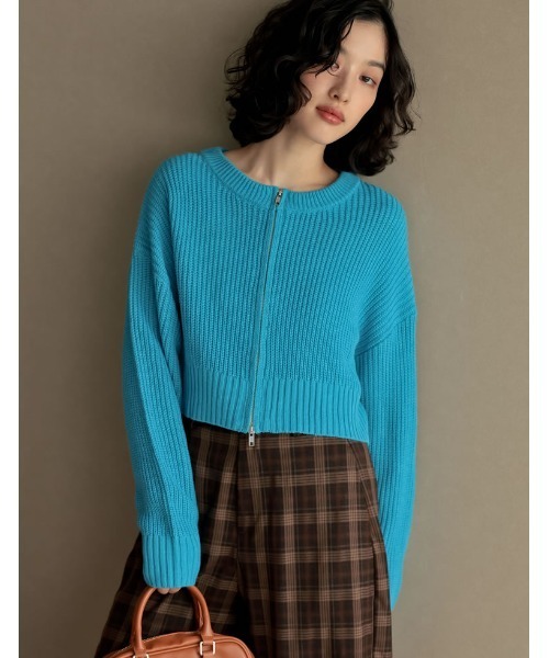 Re:EDIT（リエディ）の「ダブルジップショート丈ニットカーディガン（カーディガン/ボレロ・レディース・ブルー/ホワイト×ブラック/ブラック/アイボリー・MEDIUM/LARGE）」の9枚目の写真